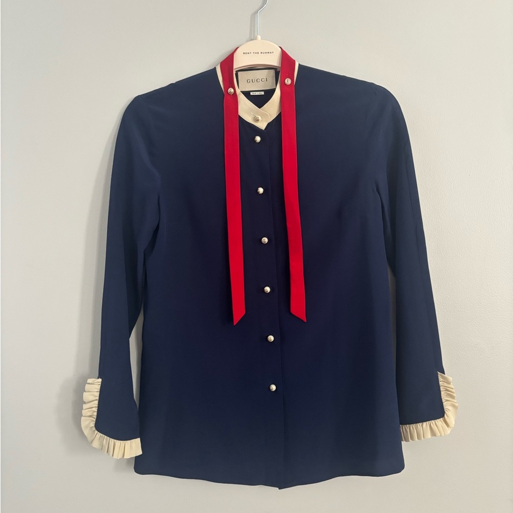 Gucci Navy Blouse with Red and Pearl Accents